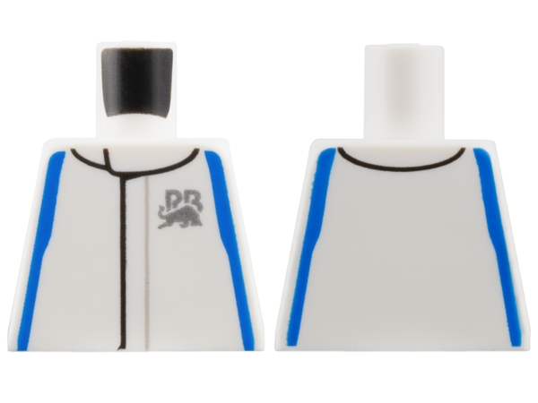 Lego Torso Racing Suit with Blue Sides and Racing Bulls Formula 1 Logo Silver 'RB' and Bull Pattern / White