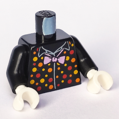 Lego Torso Shirt, Orange and Yellow and Red Dots, Bright Pink Bow Tie Print, Black Arms, White Hands