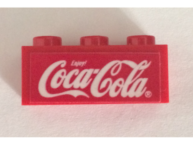 Lego Brick 1 x 3 with White Coca-Cola Logo on Red Background Pattern (Sticker) - Set 4465 / Red