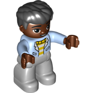 Lego Duplo Figure with Thick Hair Combed Forward Black, Light Bluish Gray Legs, Jacket over Striped Sweater Print / Bright Light Blue