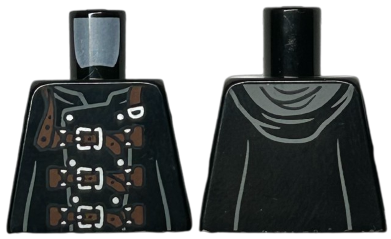 Lego Torso Coat with Hood, Silver Buttons, and Reddish Brown Straps with Buckles Pattern / Black