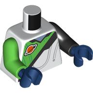 Lego Torso, Odd Arms, Space Suit, Black Diagonal Line, Bright Green Top Half, Space Logo print, Left Black Arm, Right Bright Green Arm, Dark Blue Hands / White