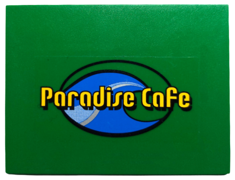 Lego Slope 10 6 x 8 with Yellow 'Paradise Cafe' over Blue Wave in Oval Pattern (Sticker) - Set 4644 / Green
