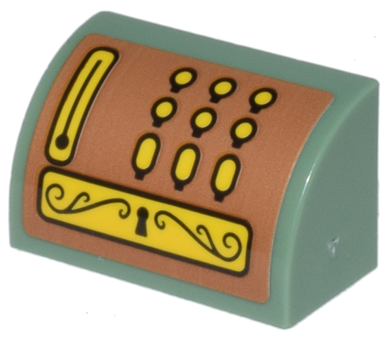 Lego Slope, Curved 1 x 2 with Bottom Stud Holder with Cash Register, Yellow Buttons and Keyhole Plate on Medium Nougat Background Pattern (Sticker) - Set 41732 / Sand Green