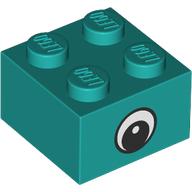Lego Brick 2 x 2 with Center Eye with White Print / Dark Turquoise