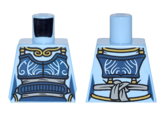 Lego Torso Ninjago Female Outline Dark Blue Apron with Light Bluish Gray Sash, Gold Necklace Pattern / Bright Light Blue