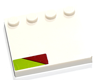 Lego Tile, Modified 4 x 4 with Studs on Edge with Dark Red Triangle on Lime Background Pattern Model Left Side (Sticker) - Set 75333 / White