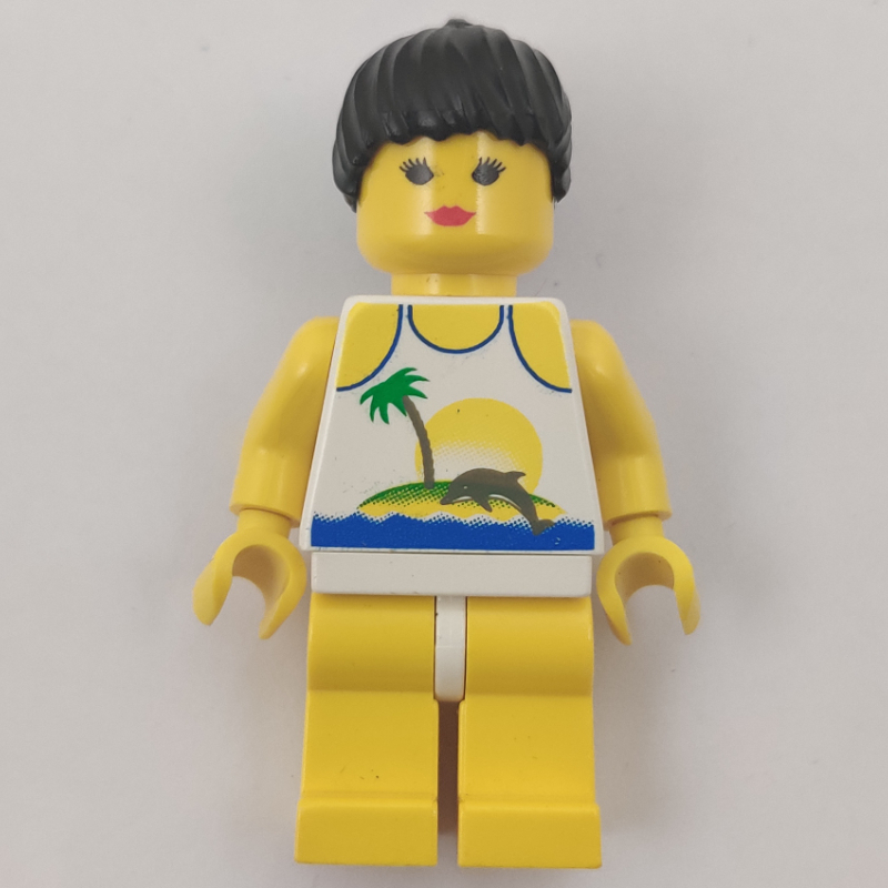 Lego Woman, White Swimsuit with Desert Island and Dolphin, Black Hair