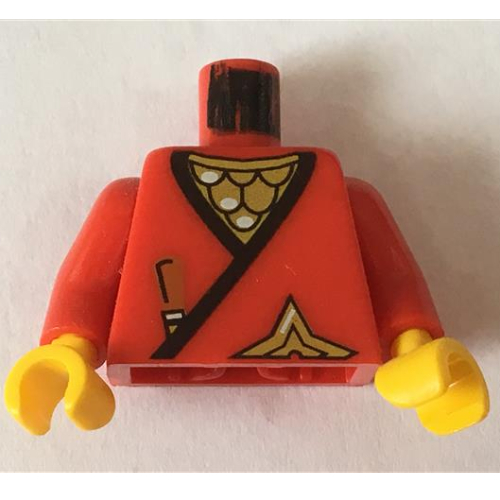 Lego Torso Wrap, Brown Dagger, Gold Star, Gold Scale Mail with White Highlights Print, Red Arms, Yellow Hands / Red