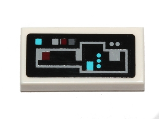 Lego Tile 1 x 2 with Gray, Blue and Red Control Buttons on Black Background Pattern (Sticker) - Set 75004 / White