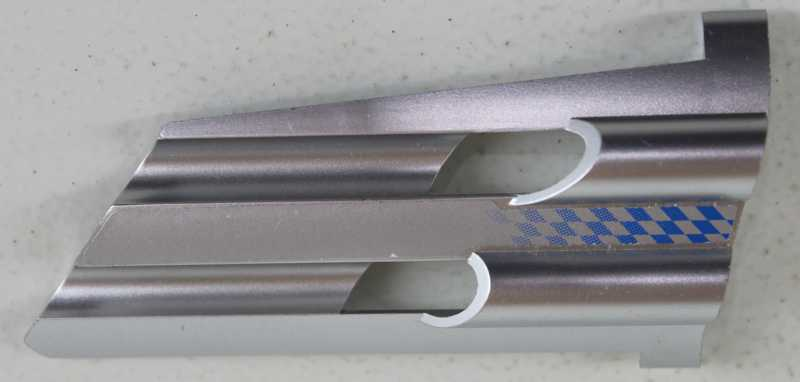 Lego Technic, Panel Fairing # 3 Large Long, Large Holes, Side A with Fading Blue Checkered Pattern (Sticker) - Set 8458 / Metallic Silver