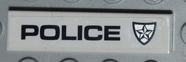 Lego Tile 1 x 4 with Black 'POLICE' and Police Silver Star Badge on White Background Pattern Model Left Side (Sticker) - Set 8186 / White
