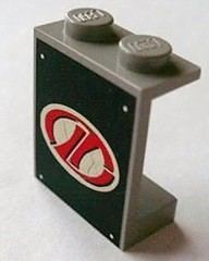 Lego Panel 1 x 2 x 2 - Solid Studs with Red Stylized 'LT' on White Oval Racing Logo Pattern (Sticker) - Set 8408 / Light Gray