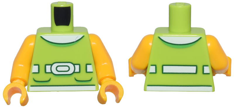 Lego Torso Dress Top with 2 Bright Green and Dark Green Pockets, Round White Collar and Belt with Buckle Pattern / Bright Light Orange Arms / Bright Light Orange Hands