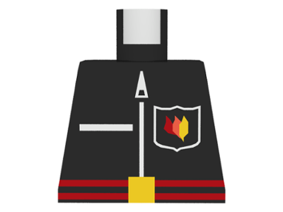 Lego Torso Fire Uniform Shirt with Flame Badge Logo, Pocket, and White Zipper, Red Belt with Yellow Buckle Pattern / Black