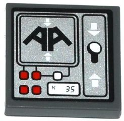 Lego Tile 2 x 2 with Black 'AA', Red and White Buttons, 'K 35', Lever and White Arrows on Silver Background Pattern (Sticker) - Set 70725