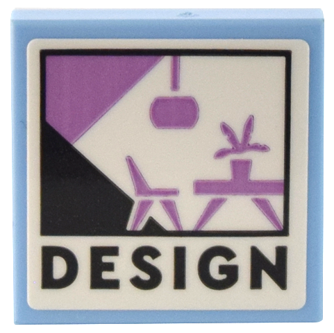 Lego Tile 2 x 2 with Medium Lavender Furniture, Black Outline and 'DESIGN' Pattern (Sticker) - Set 41732 / Bright Light Blue
