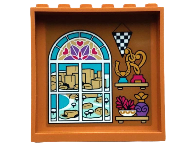 Lego Panel 1 x 6 x 5 with Shelves with Trophies and Accessories, Checkered Banner, Stained Glass Window with Winter View Pattern (Sticker) - Set 4002022 / Medium Nougat