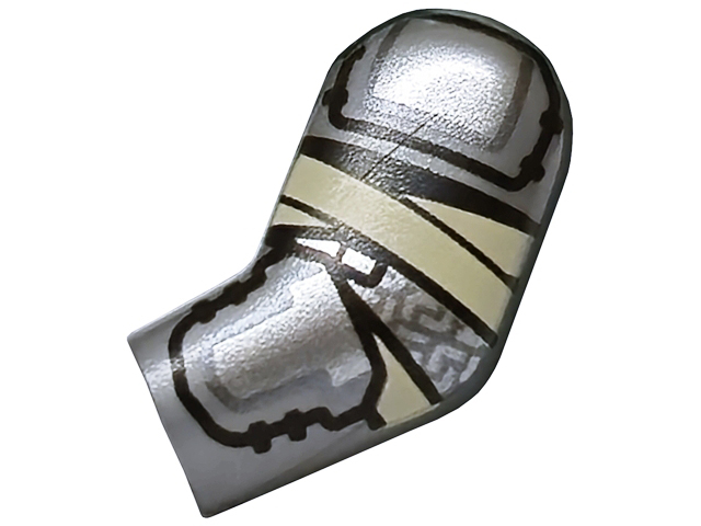 Lego Arm, Left with Silver and Dark Silver Armor Plates with Black Outlines and Tan Wrappings Pattern / Flat Silver