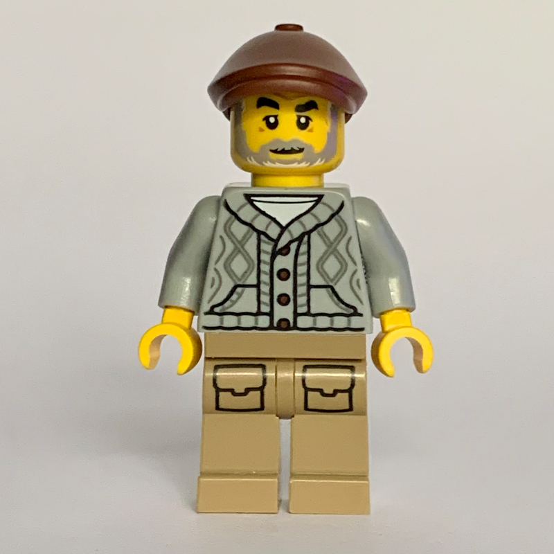 Lego Man, Old, Light Bluish Grey Torso, Dark Tan Legs, Reddish Brown Cap