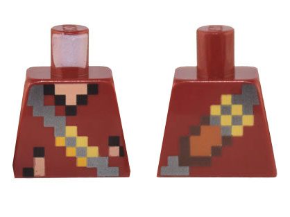 Lego Torso Pixelated Tattered Shirt with Holes, Silver Shoulder Strap with Yellow Buckle, Nougat Neck, Medium Nougat and Dark Brown Sword Sheath Pattern / Dark Red