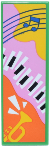 Lego Tile 2 x 6 with Blue Music Notes and Lines, Black and White Piano Keys, Trumpet on Yellow, Bright Pink and Orange Background Pattern (Sticker) - Set 42653 / Bright Green