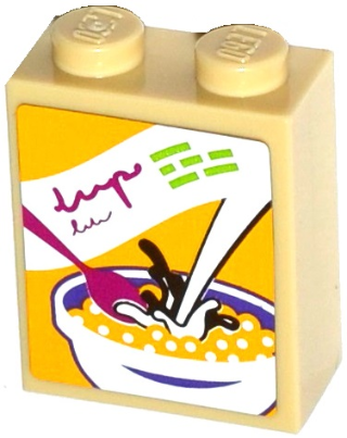 Lego Brick 1 x 2 x 2 with Inside Stud Holder with Bowl, Pouring Milk, and Spoon Cereal Box Pattern (Sticker) - Set 41118 / Tan