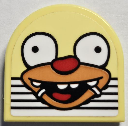 Lego Tile, Round 2 x 2 Half Circle Extended with Krusty the Clown Face and White Grille Pattern (Sticker) - Set 10352 / Bright Light Yellow