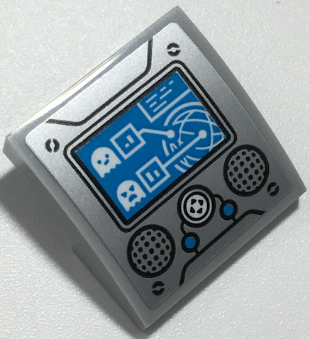 Lego Slope, Curved 2 x 2 x 2/3 with Dark Azure Screen and Buttons, White Ghosts and Directional Pad, Black Speakers on Silver Background Pattern (Sticker) - Set 70435 / Light Bluish Gray