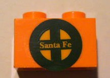 Lego Brick 1 x 2 with Yellow 'Santa Fe' and Dark Green Logo Pattern (Sticker) - Set 10133 / Orange