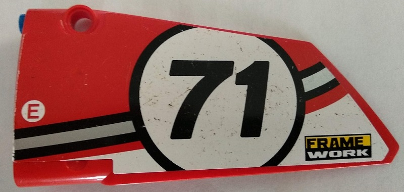 Lego Technic, Panel Fairing #17 Large Smooth, Side A with Number 71 and 'FRAME WORK' Pattern (Sticker) - Set 42000 / Red