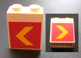 Lego Brick 1 x 2 x 2 with Inside Axle Holder with Yellow Chevron on Red Background Pattern on Both Sides (Stickers) - Set 1255