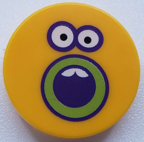 Lego Tile, Round 2 x 2 with Bottom Stud Holder with Sunflower Face, Dark Purple and Lime Outlined Open Mouth and Eyes Pattern / Bright Light Orange