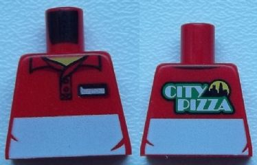 Lego Torso Polo Shirt with White Panel and 'CITY PIZZA' on Reverse Pattern / Red