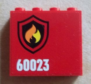 Lego Panel 1 x 4 x 3 with Side Supports - Hollow Studs with Black and Yellow Fire Logo Badge and '60023' Pattern Model Left (Sticker) - Set 60023 / Red