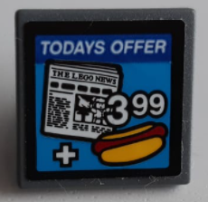 Lego Road Sign 2 x 2 Square with Open O Clip with 'TODAYS OFFER', 'THE LEGO NEWS', '399' and Hot Dog Pattern (Sticker) - Set 60200