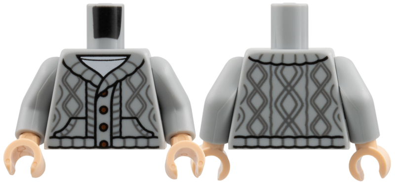 Lego Torso Knit Cable Cardigan Sweater with Dark Bluish Gray Lines, Dark Brown Buttons, and Pockets over White Shirt Pattern / Light Bluish Gray Arms / Light Nougat Hands