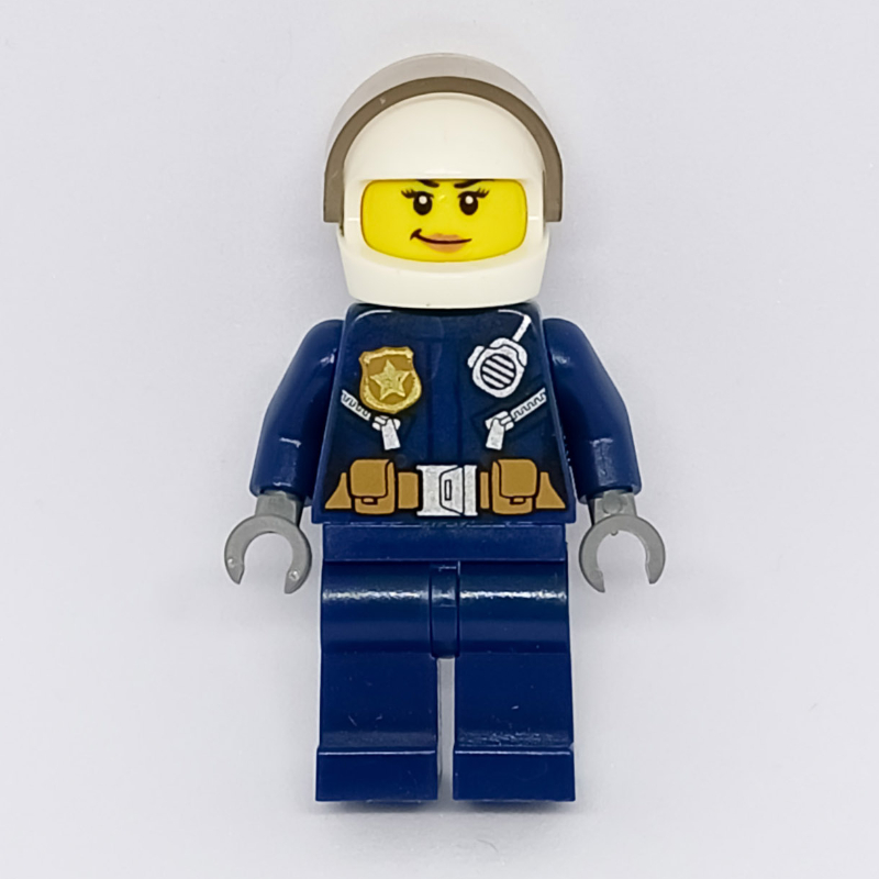 Lego Policewoman, Dark Blue Jacket with Radio, Badge, and Belt with Pouches, White Helmet with Trans-Brown Visor, Smirk (3626cpr2113 Head)