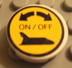 Lego Tile, Round 2 x 2 with Space Shuttle 'ON / OFF' Pattern (Sticker) - Set 8480 / White