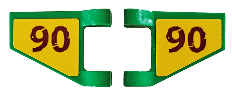 Lego Flag 2 x 2 Trapezoid with Flat Edge with Dark Red '90' on Yellow Background Pattern on Both Sides (Stickers) - Set 76078 / Green