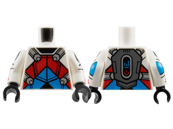 Lego Torso Armor with Black Neck, Dark Azure and Red Chevrons, Light Bluish Gray Straps and Dark Bluish Gray Jet Pack on Back Pattern / White Arms with Black Octagons, Dark Azure Elbows and Red Sport Mountain Logos Pattern / Black Hands