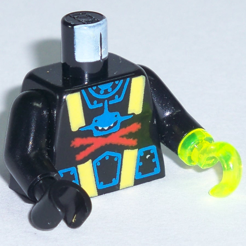 Lego Torso Wetsuit with Blue Shark with Red X Print, Black Arms, Black Hand Right, Trans-Neon Green Hook Left / Black