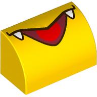 Lego Brick Curved 1 x 2 x 1 No Studs with Open Mouth, Red Tongue, White Fangs print / Yellow