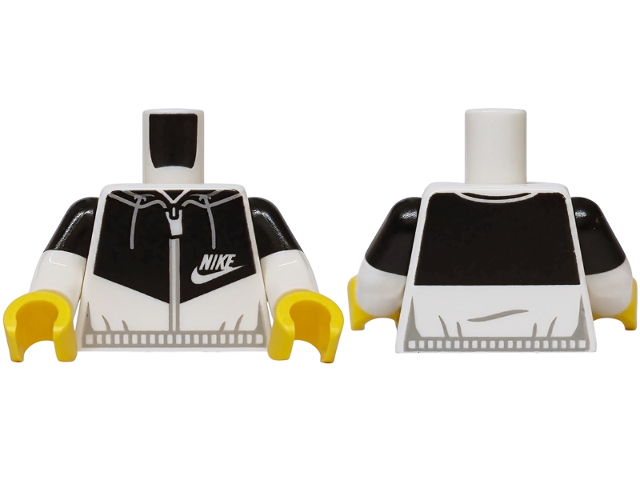 Lego Torso Hoodie with Zipper and Nike Swoosh Logo on Black Panel, Light Bluish Gray Drawstrings and Hem Pattern / White Arms with Molded Black Short Sleeves Pattern / Yellow Hands