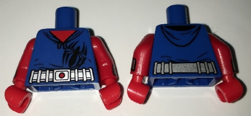 Lego Torso Hoodie with Large Black Spider over Red Shirt, Wide Silver Belt Detailed with Dot on Buckle Pattern / Red Arms with Silver Cuffs (Web Slingers) Pattern / Red Hands