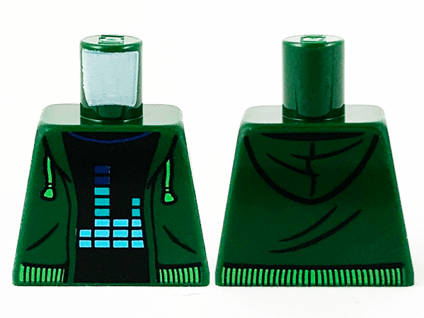 Lego Torso Hoodie with Bright Green Drawstrings and Waistband over Black Shirt with Equalizer Bars Pattern / Dark Green