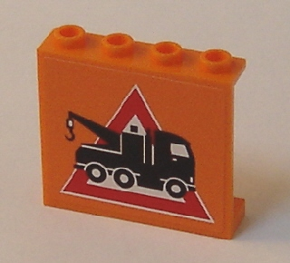 Lego Panel 1 x 4 x 3 - Hollow Studs with Tow Truck Danger Sign Pattern (Sticker) - Set 7642 / Orange