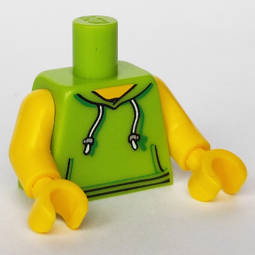 Lego Torso, Hoodie with White Drawstrings, and Front Pockets Print, No Back Print, Yellow Arms and Hands / Lime