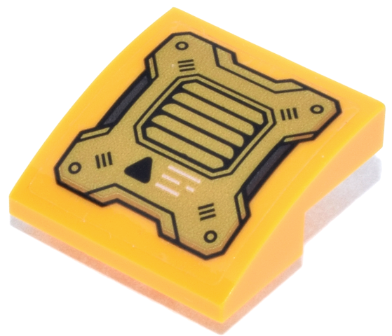 Lego Slope, Curved 2 x 2 x 2/3 Inverted with Black, Gold and Dark Bluish Gray Mechanical Panel with Vent, Triangle and White Lines Pattern (Sticker) - Set 71837