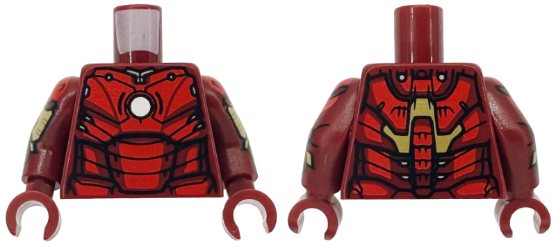 Lego Torso Armor with White Circle Arc Reactor, Red Panels, Gold Trim on Back, 4 Detailed Spine Segments Pattern (Iron Man Mark 3) / Dark Red Arms with Armor Pattern / Dark Red Hands